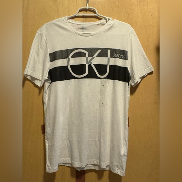 Calvin Klein Jeans White Tee with Black Stripe - Picture 1 of 8